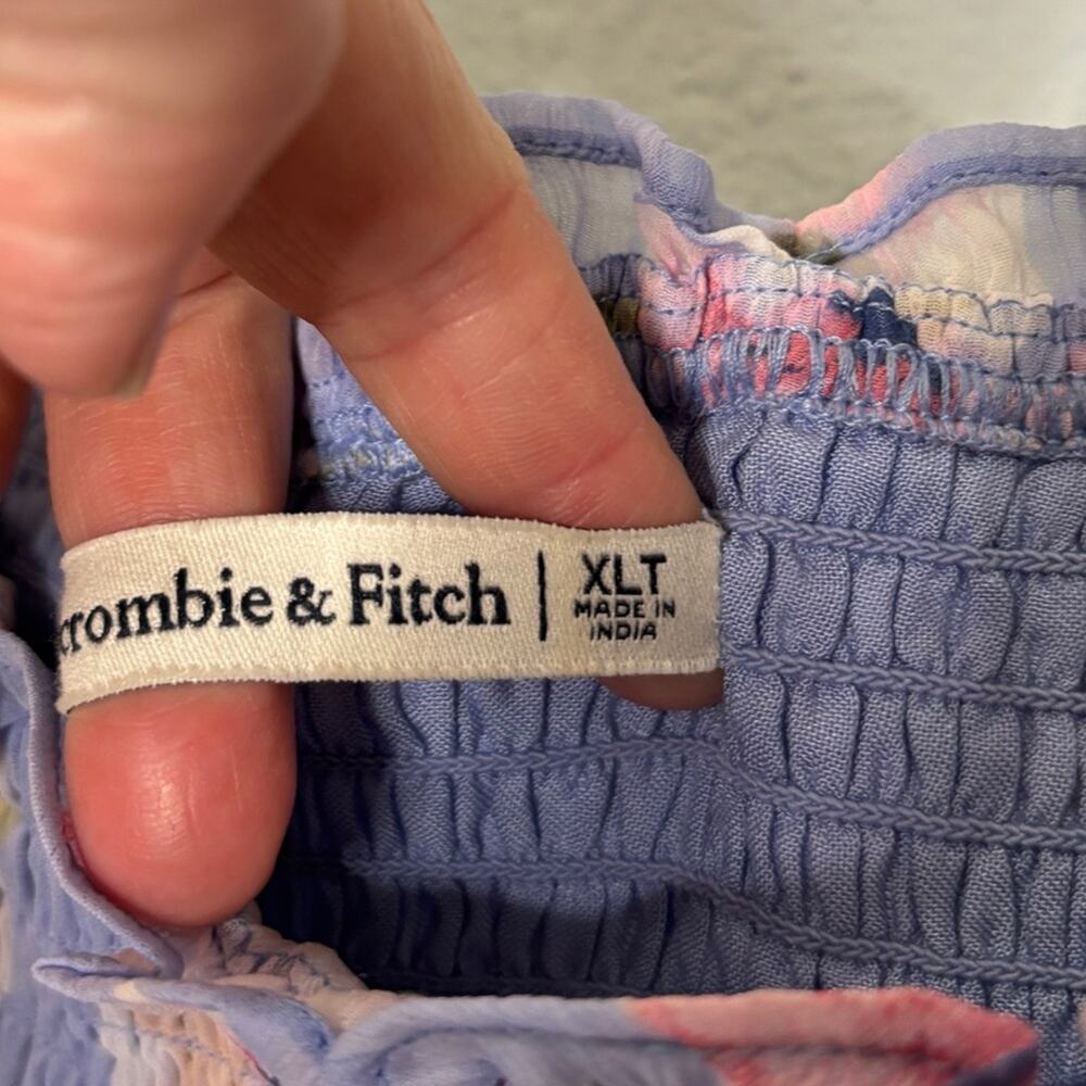 Abercrombie & Fitch Soft Blue Floral Smocked Bodycon Midi Dress Puff Sleeve XLT - Picture 7 of 8